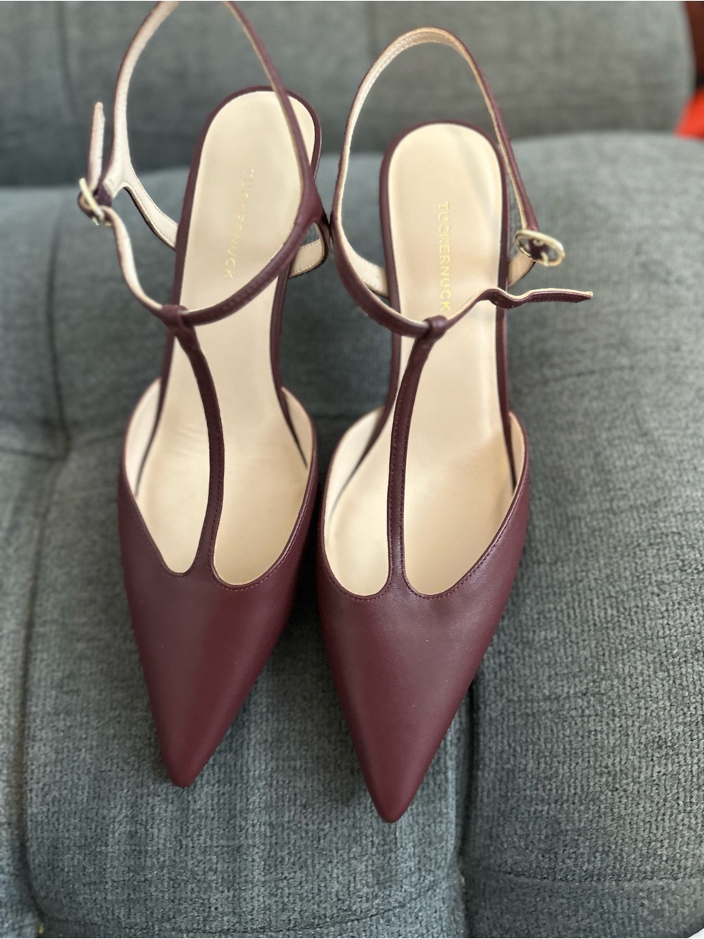 Tuckernuck Burgundy Pointed-Toe T-Strap Slingback Heels